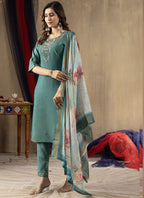 Prazu Fashion Rama Green Shimmer Gold Silk Thread Embroidered Designer Kurta Set | Grocsy