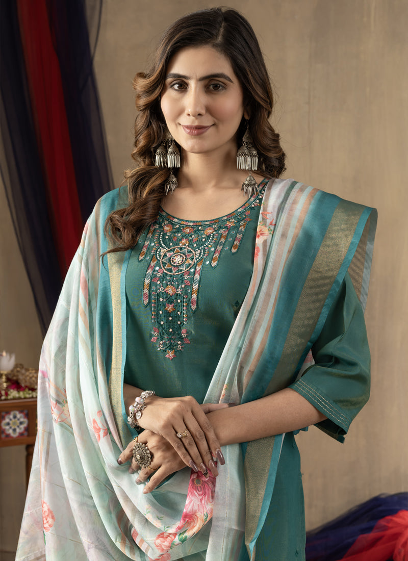 Prazu Fashion Rama Green Shimmer Gold Silk Thread Embroidered Designer Kurta Set | Grocsy