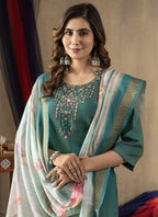 Prazu Fashion Rama Green Shimmer Gold Silk Thread Embroidered Designer Kurta Set | Grocsy