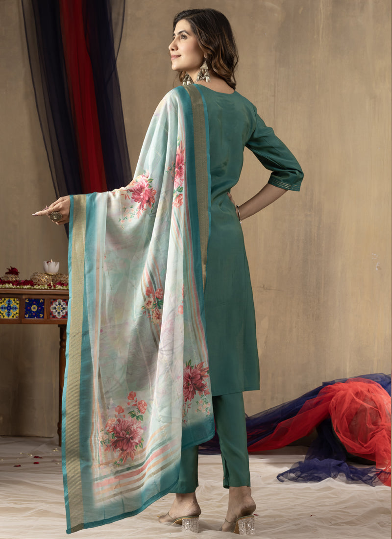 Prazu Fashion Rama Green Shimmer Gold Silk Thread Embroidered Designer Kurta Set | Grocsy