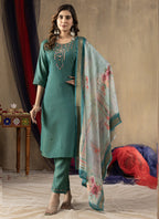 Prazu Fashion Rama Green Shimmer Gold Silk Thread Embroidered Designer Kurta Set | Grocsy