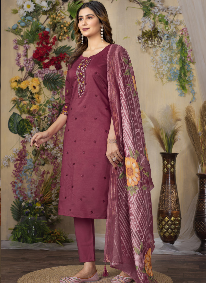 Prazu Fashion Wine Roman Silk Thread Embroidered Designer Kurta Set | Grocsy