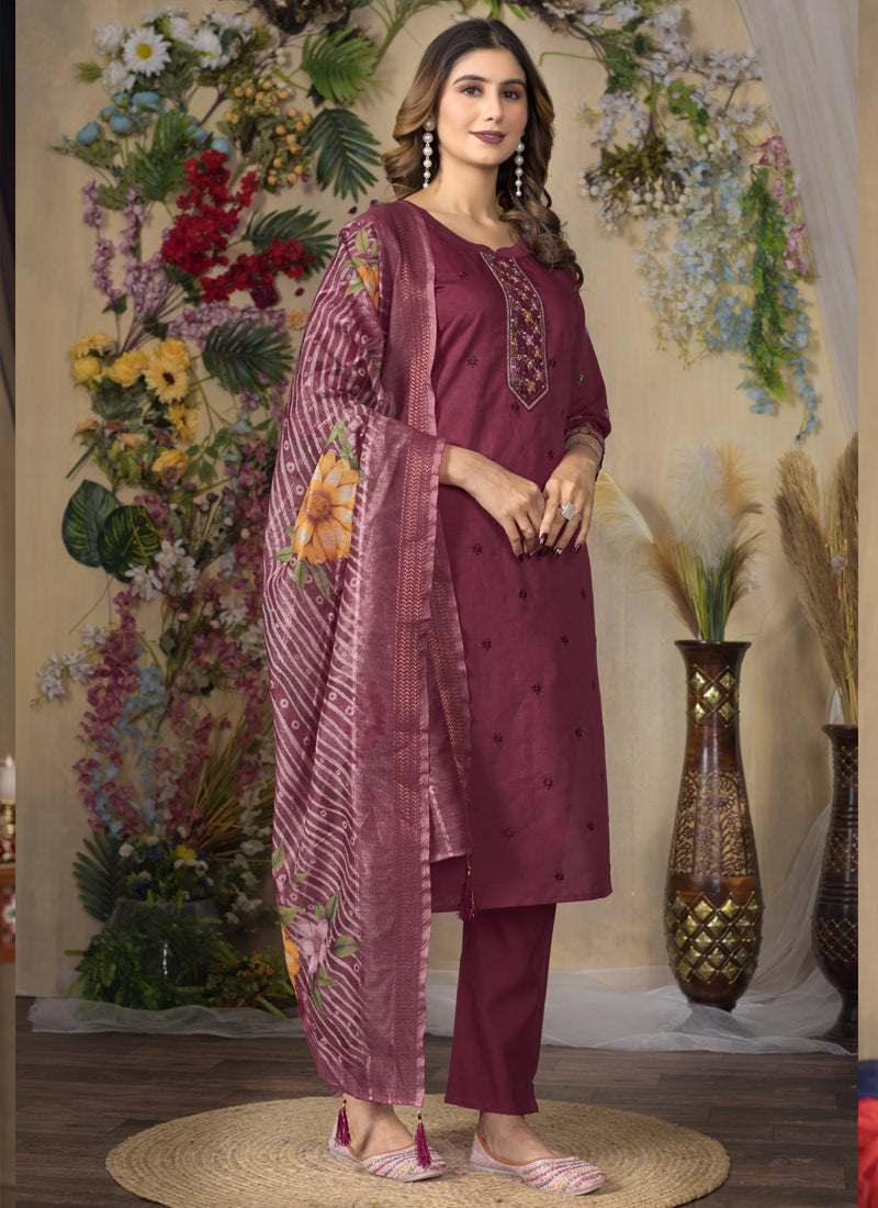 Prazu Fashion Wine Roman Silk Thread Embroidered Designer Kurta Set | Grocsy