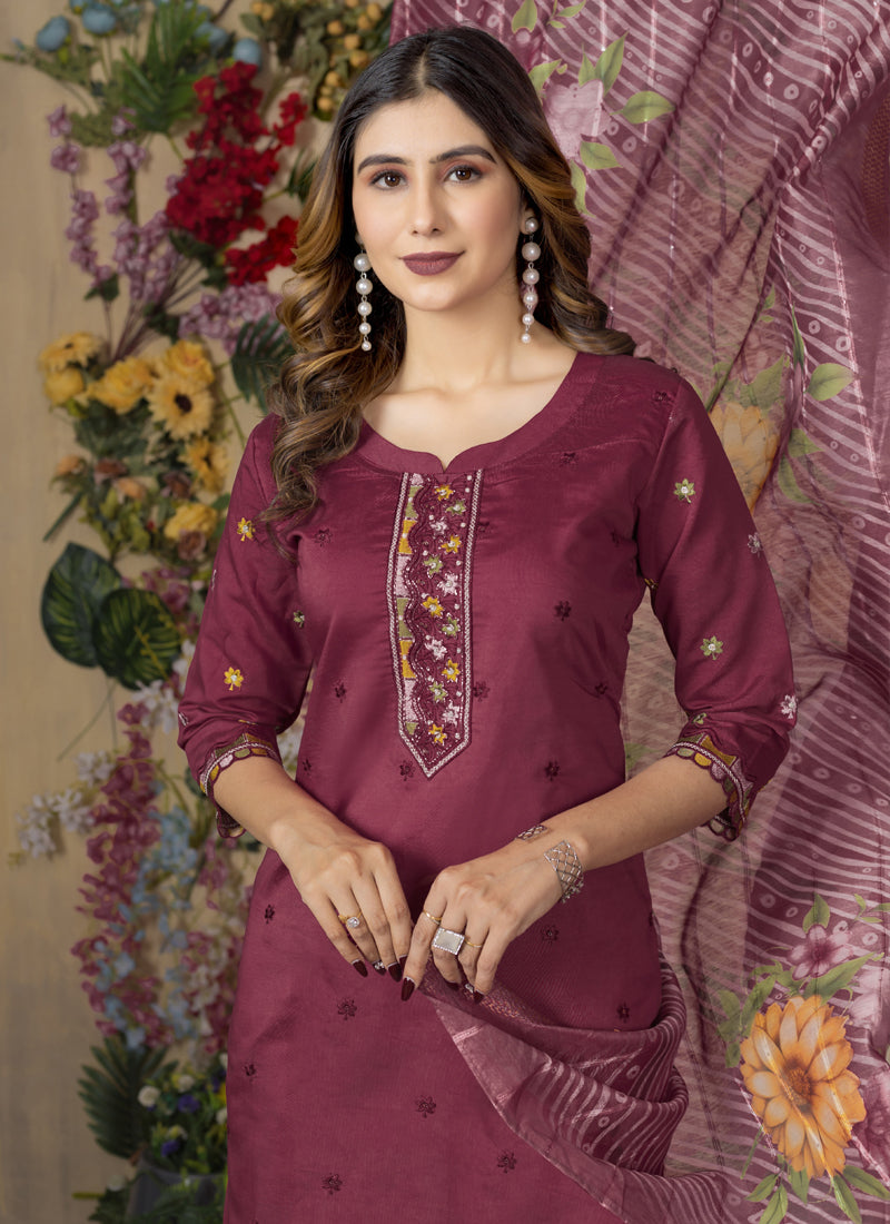 Prazu Fashion Wine Roman Silk Thread Embroidered Designer Kurta Set | Grocsy