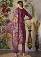 Prazu Fashion Wine Roman Silk Thread Embroidered Designer Kurta Set | Grocsy