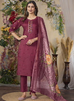 Prazu Fashion Wine Roman Silk Thread Embroidered Designer Kurta Set | Grocsy