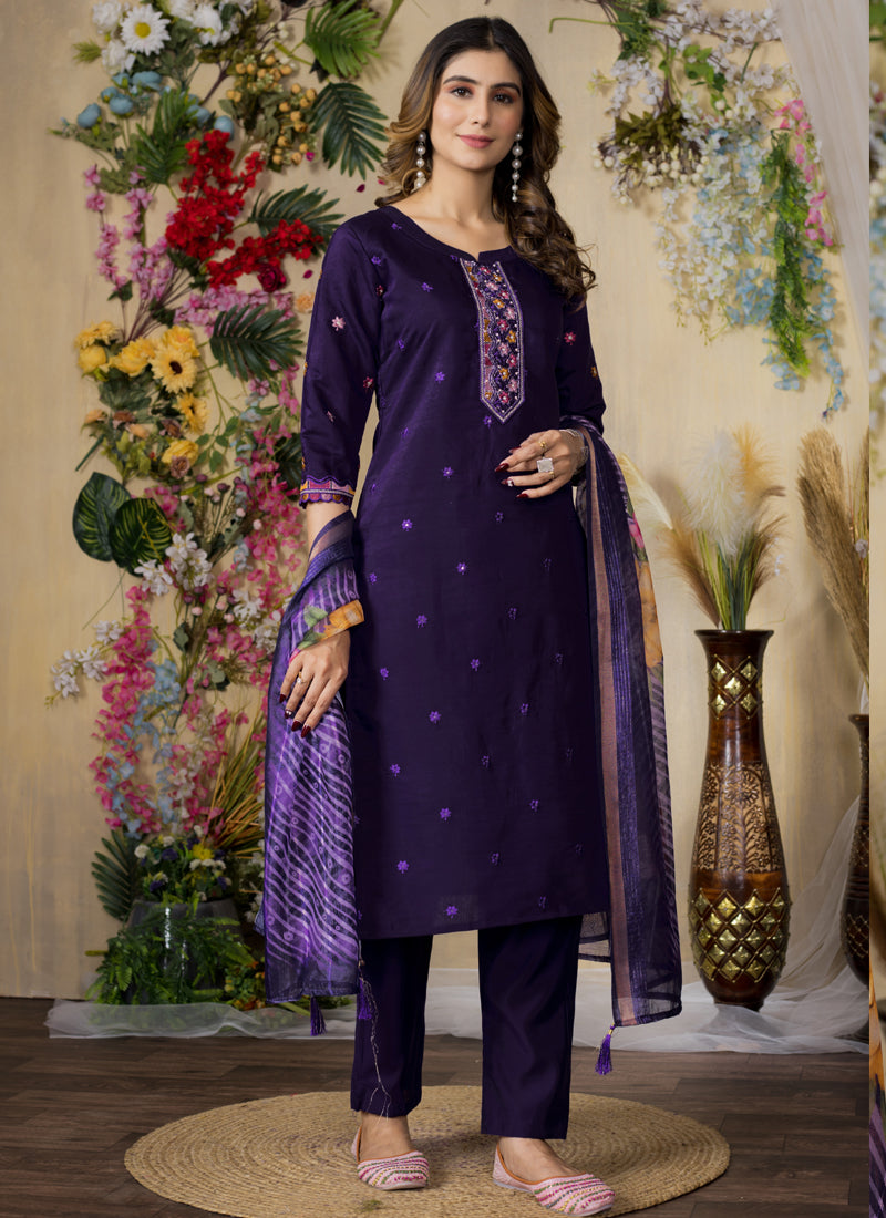 Prazu Fashion Purple Roman Silk Thread Embroidered Designer Kurta Set | Grocsy