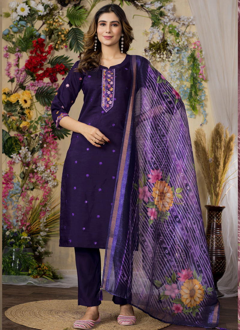 Prazu Fashion Purple Roman Silk Thread Embroidered Designer Kurta Set | Grocsy