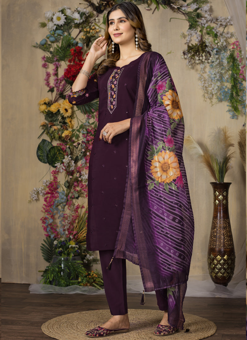 Prazu Fashion Wine Roman Silk Thread Embroidered Designer Kurta Set | Grocsy