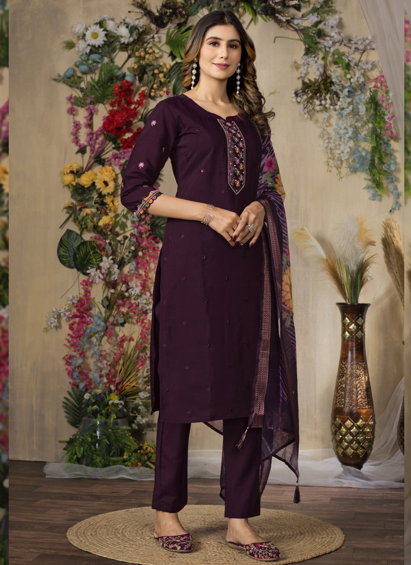 Prazu Fashion Wine Roman Silk Thread Embroidered Designer Kurta Set | Grocsy