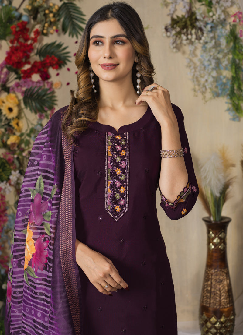 Prazu Fashion Wine Roman Silk Thread Embroidered Designer Kurta Set | Grocsy