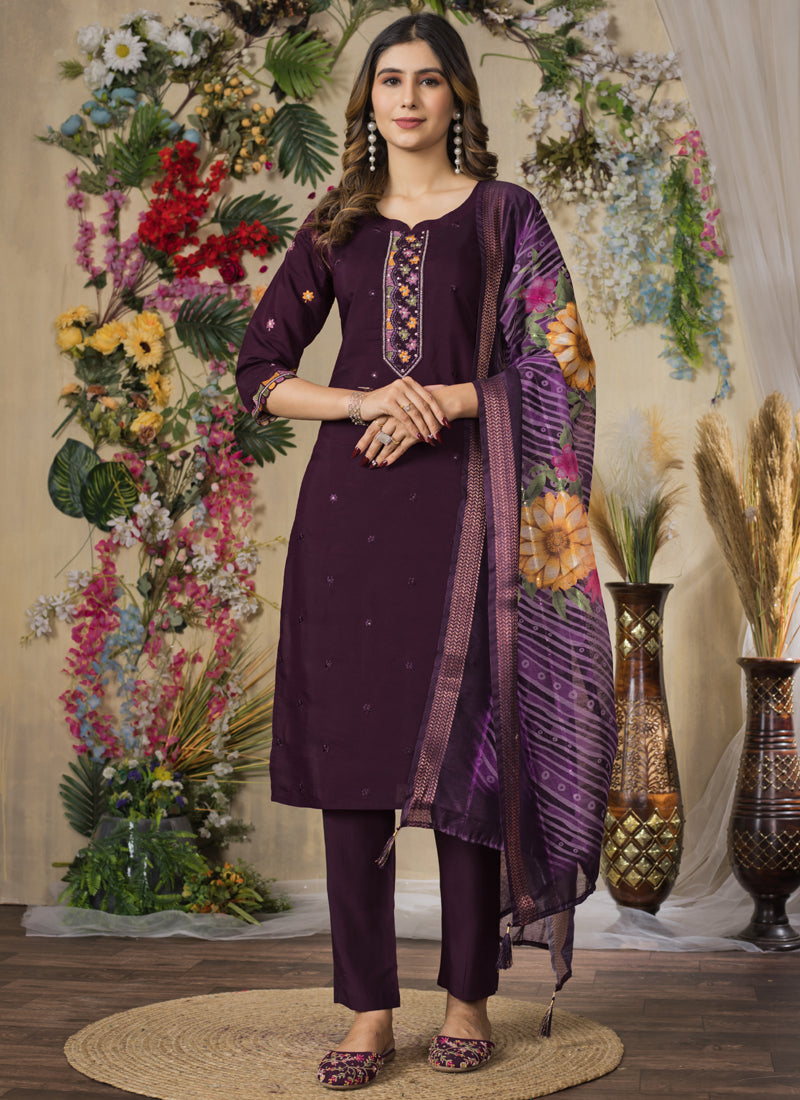 Prazu Fashion Wine Roman Silk Thread Embroidered Designer Kurta Set | Grocsy