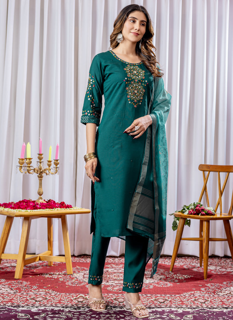 Prazu Fashion Rama Green Viscose Silk Thread Embroidered Designer Kurta Set | Grocsy