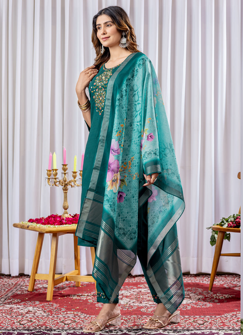 Prazu Fashion Rama Green Viscose Silk Thread Embroidered Designer Kurta Set | Grocsy