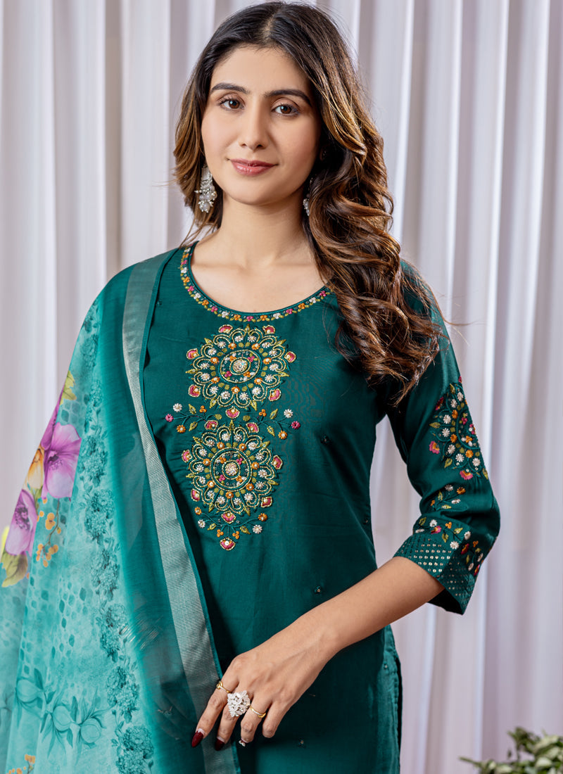 Prazu Fashion Rama Green Viscose Silk Thread Embroidered Designer Kurta Set | Grocsy