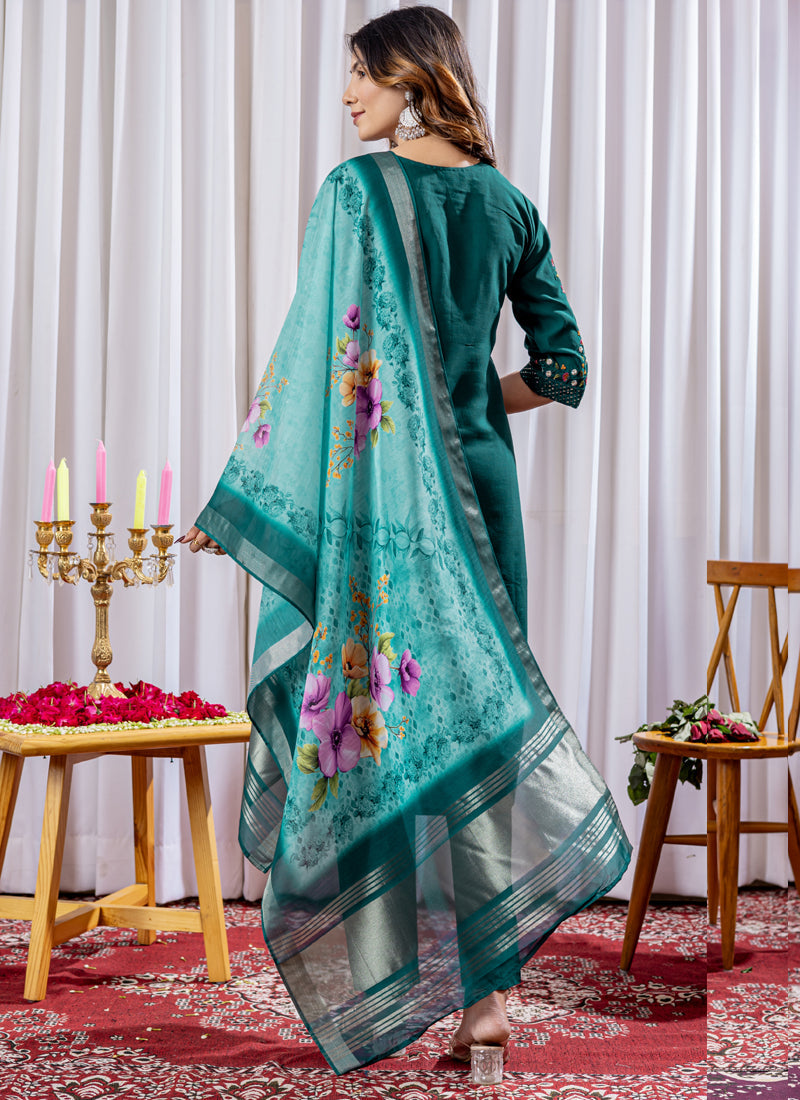 Prazu Fashion Rama Green Viscose Silk Thread Embroidered Designer Kurta Set | Grocsy