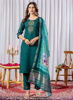 Prazu Fashion Rama Green Viscose Silk Thread Embroidered Designer Kurta Set | Grocsy