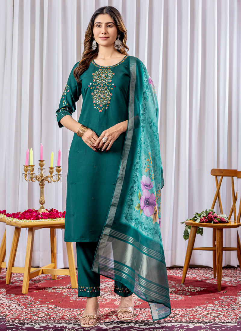 Prazu Fashion Rama Green Viscose Silk Thread Embroidered Designer Kurta Set | Grocsy