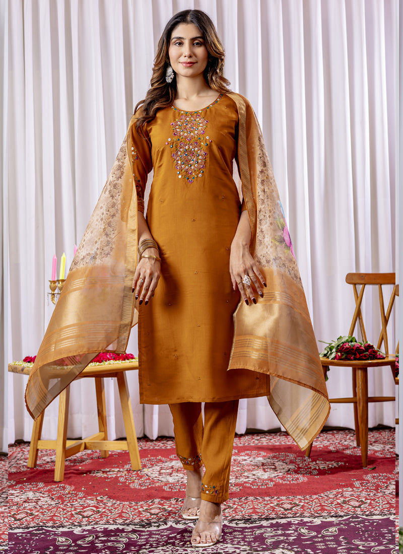Prazu Fashion Mustard Viscose Silk Thread Embroidered Designer Kurta Set | Grocsy