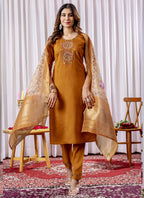 Prazu Fashion Mustard Viscose Silk Thread Embroidered Designer Kurta Set | Grocsy