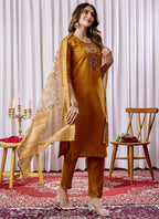 Prazu Fashion Mustard Viscose Silk Thread Embroidered Designer Kurta Set | Grocsy