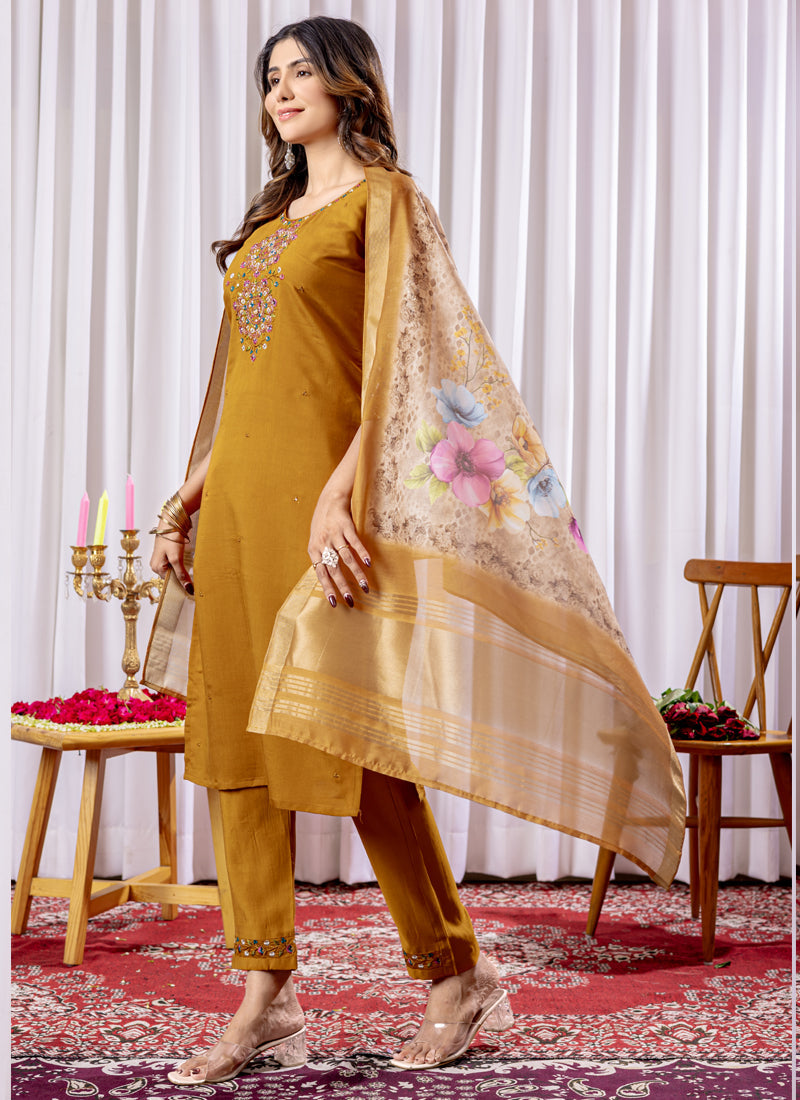 Prazu Fashion Mustard Viscose Silk Thread Embroidered Designer Kurta Set | Grocsy