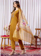 Prazu Fashion Mustard Viscose Silk Thread Embroidered Designer Kurta Set | Grocsy