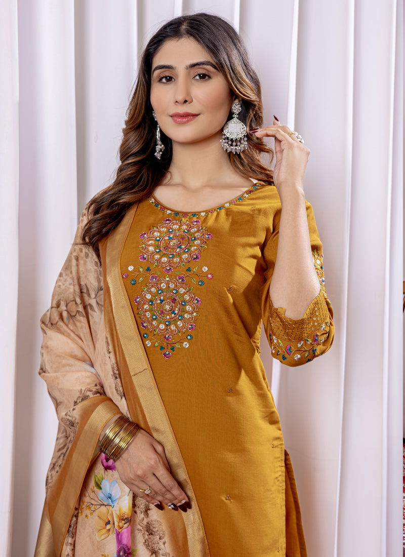 Prazu Fashion Mustard Viscose Silk Thread Embroidered Designer Kurta Set | Grocsy