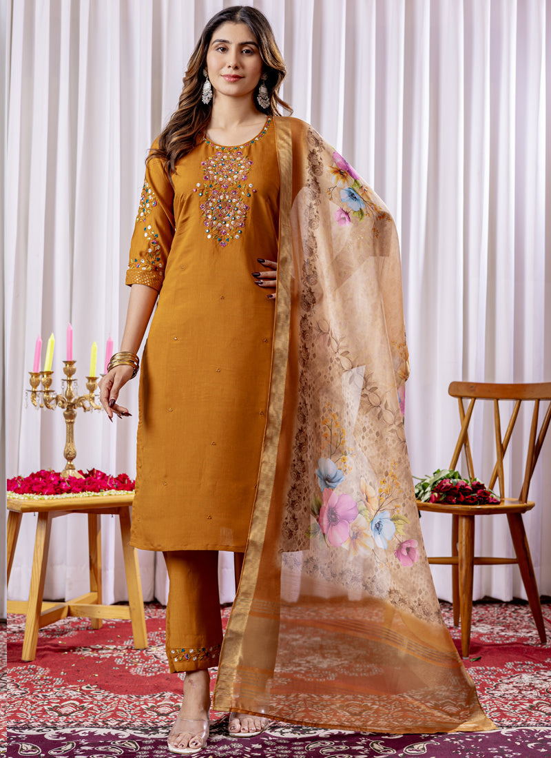 Prazu Fashion Mustard Viscose Silk Thread Embroidered Designer Kurta Set | Grocsy