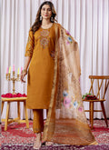 Prazu Fashion Mustard Viscose Silk Thread Embroidered Designer Kurta Set | Grocsy