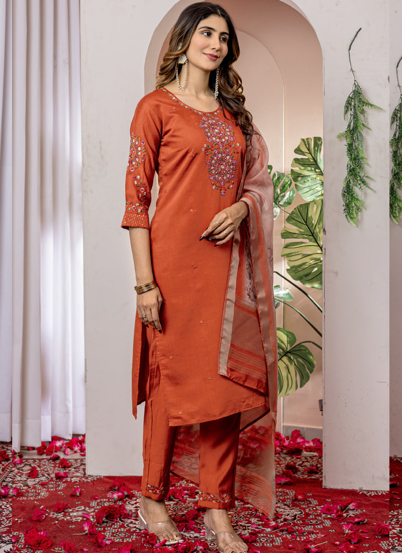 Prazu Fashion Orange Viscose Silk Thread Embroidered Designer Kurta Set | Grocsy