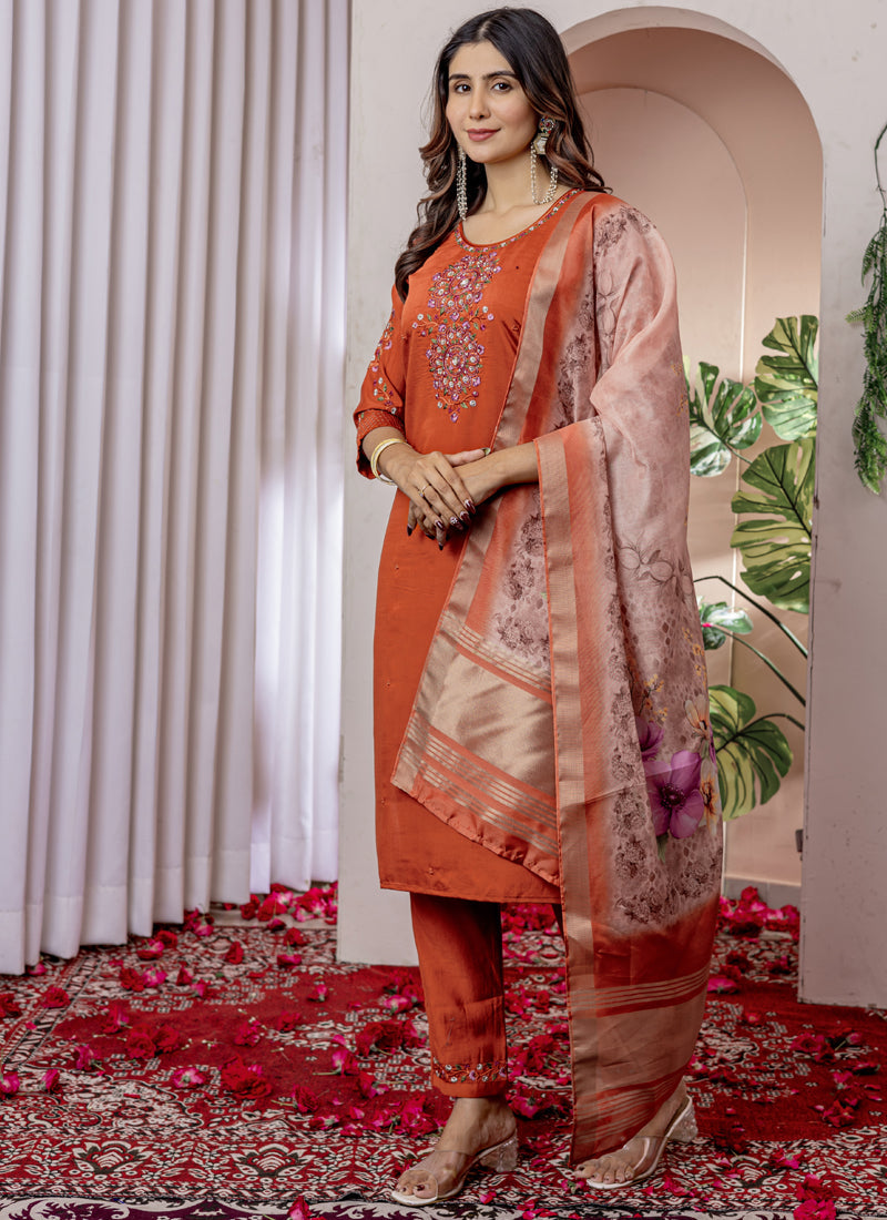 Prazu Fashion Orange Viscose Silk Thread Embroidered Designer Kurta Set | Grocsy