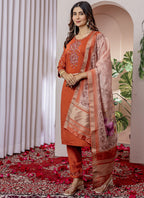Prazu Fashion Orange Viscose Silk Thread Embroidered Designer Kurta Set | Grocsy