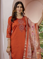 Prazu Fashion Orange Viscose Silk Thread Embroidered Designer Kurta Set | Grocsy