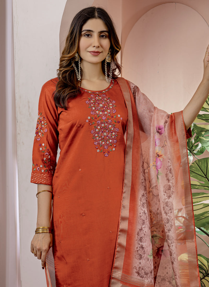 Prazu Fashion Orange Viscose Silk Thread Embroidered Designer Kurta Set | Grocsy