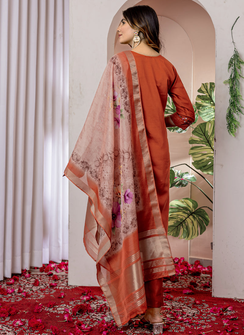Prazu Fashion Orange Viscose Silk Thread Embroidered Designer Kurta Set | Grocsy
