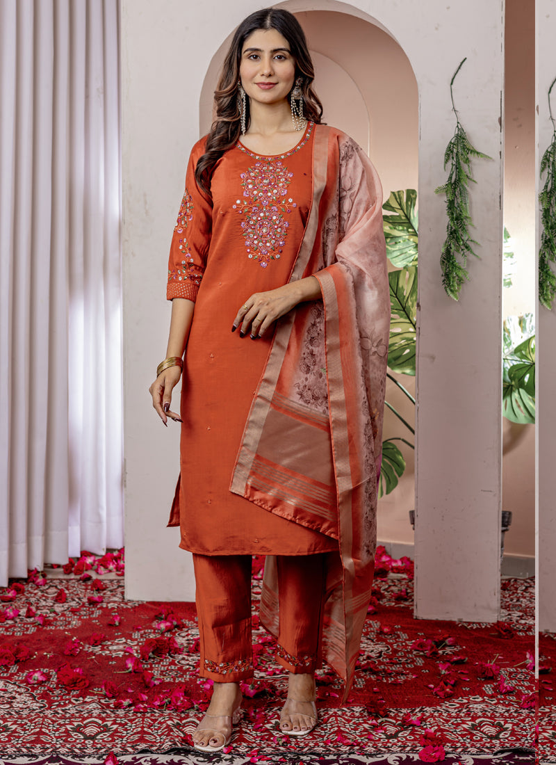 Prazu Fashion Orange Viscose Silk Thread Embroidered Designer Kurta Set | Grocsy