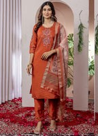 Prazu Fashion Orange Viscose Silk Thread Embroidered Designer Kurta Set | Grocsy