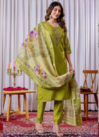 Prazu Fashion Parrot Green Viscose Silk Thread Embroidered Designer Kurta Set | Grocsy