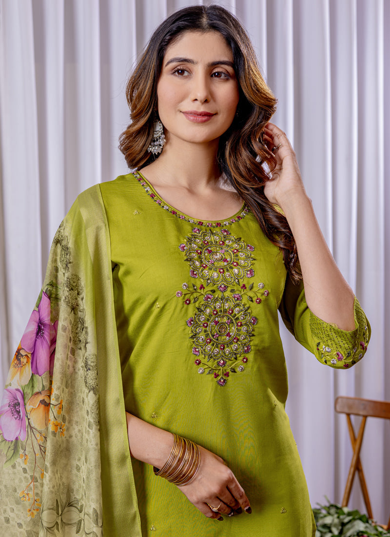 Prazu Fashion Parrot Green Viscose Silk Thread Embroidered Designer Kurta Set | Grocsy