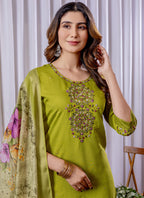 Prazu Fashion Parrot Green Viscose Silk Thread Embroidered Designer Kurta Set | Grocsy