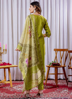Prazu Fashion Parrot Green Viscose Silk Thread Embroidered Designer Kurta Set | Grocsy