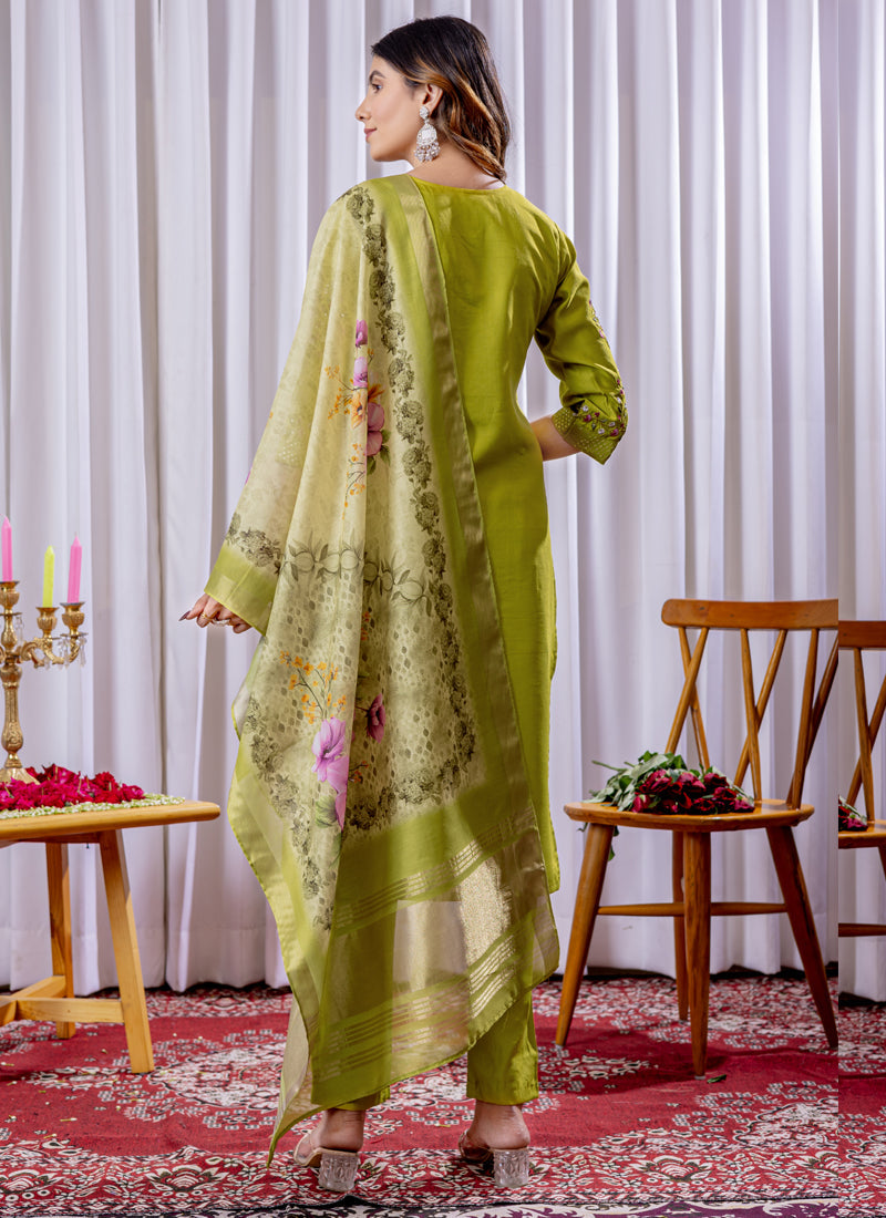 Prazu Fashion Parrot Green Viscose Silk Thread Embroidered Designer Kurta Set | Grocsy