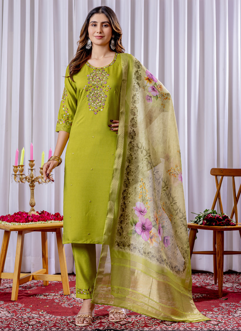 Prazu Fashion Parrot Green Viscose Silk Thread Embroidered Designer Kurta Set | Grocsy