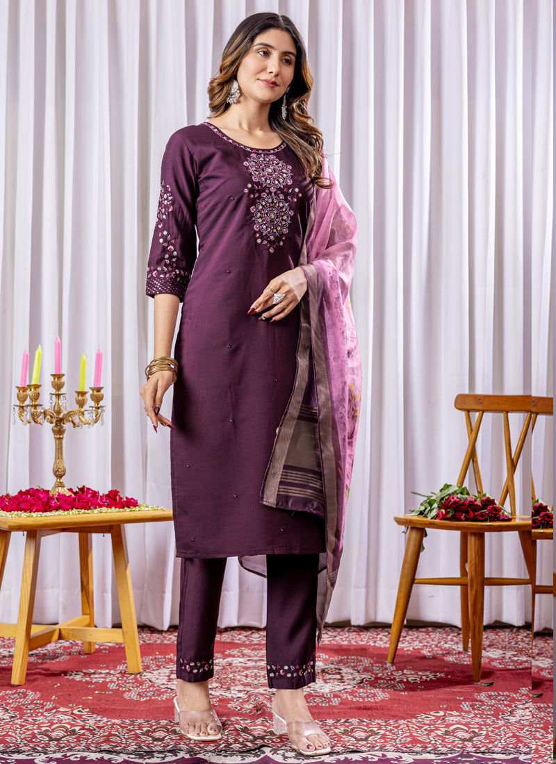 Prazu Fashion Wine Viscose Silk Thread Embroidered Designer Kurta Set | Grocsy