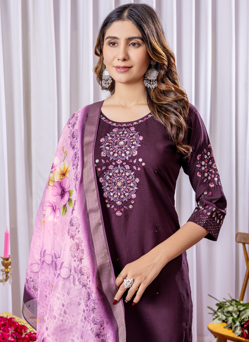 Prazu Fashion Wine Viscose Silk Thread Embroidered Designer Kurta Set | Grocsy