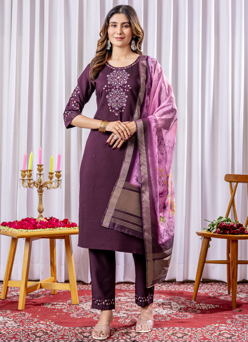 Prazu Fashion Wine Viscose Silk Thread Embroidered Designer Kurta Set | Grocsy