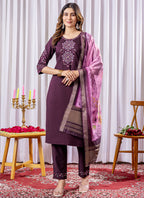 Prazu Fashion Wine Viscose Silk Thread Embroidered Designer Kurta Set | Grocsy