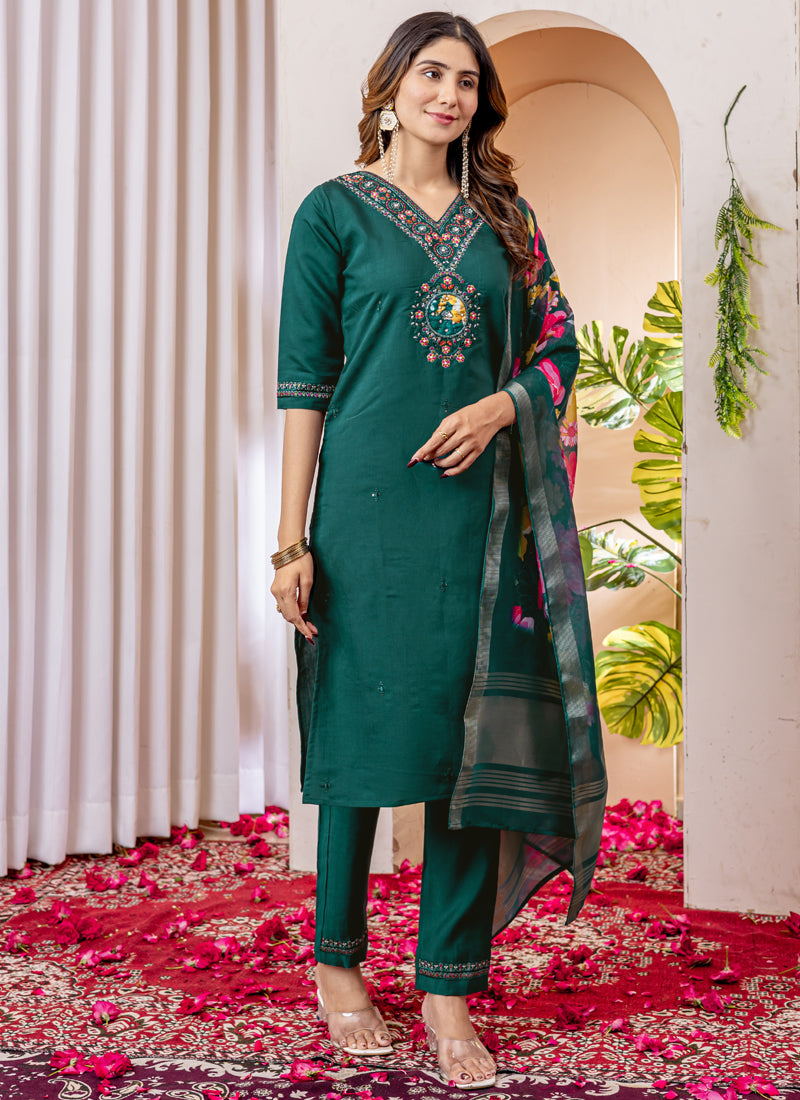 Prazu Fashion Green Viscose Silk Thread Embroidered Designer Kurta Set | Grocsy