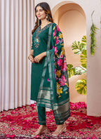 Prazu Fashion Green Viscose Silk Thread Embroidered Designer Kurta Set | Grocsy